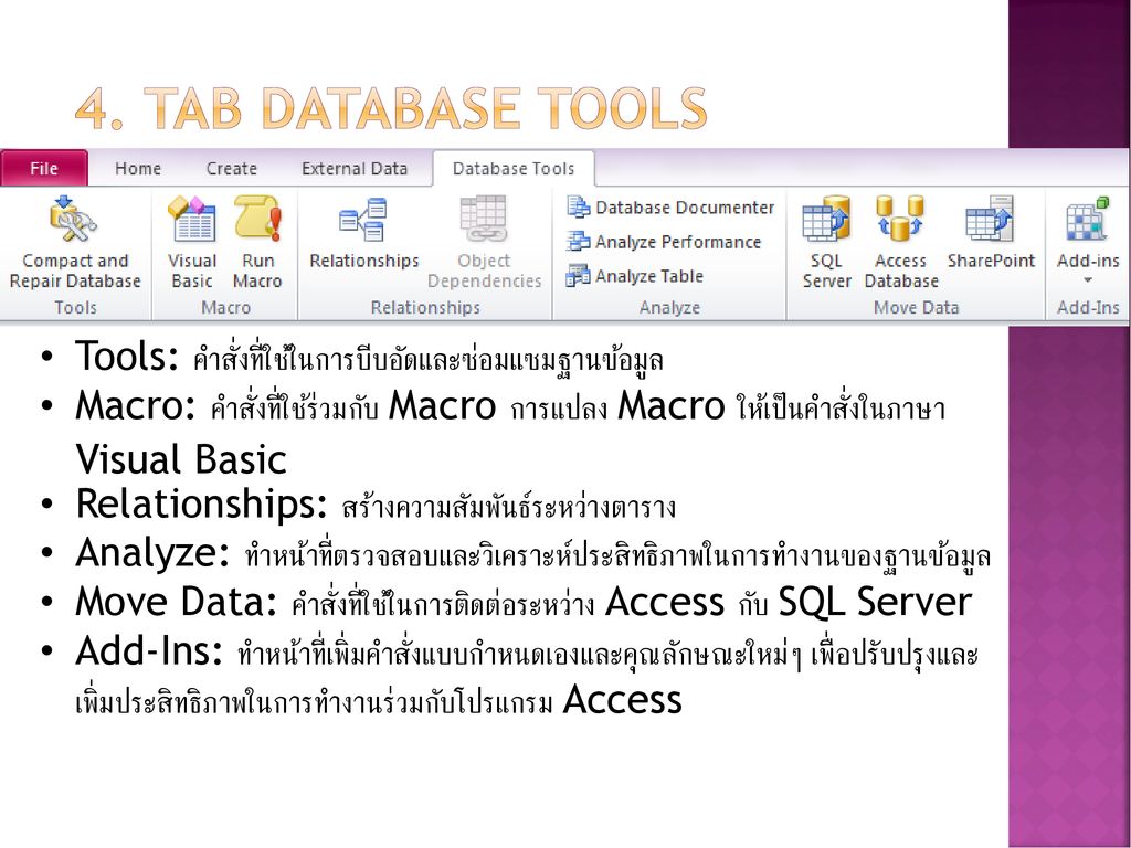 4. Tab Database Tools Tools: คำสั่งที่ใช้ในการบีบอัดและซ่อมแซมฐานข้อมูล.