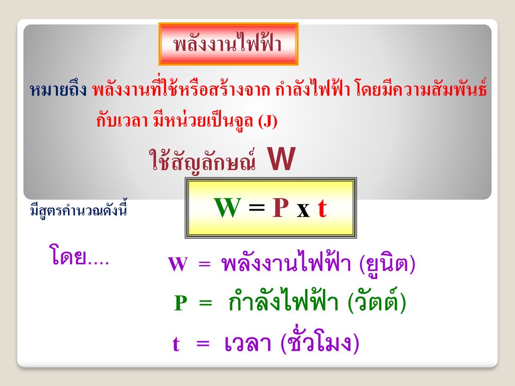 W = P x t t = เวลา (ชั่วโมง) W = พลังงานไฟฟ้า (ยูนิต) พลังงานไฟฟ้า