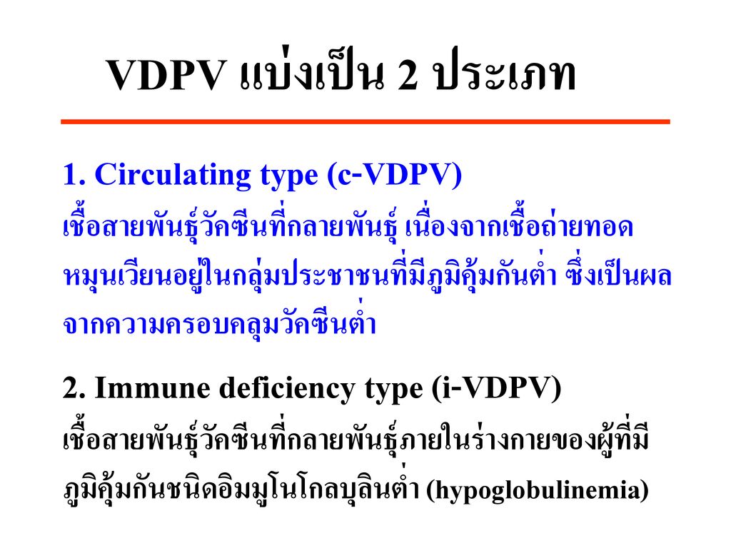 VDPV แบ่งเป็น 2 ประเภท 1. Circulating type (c-VDPV)