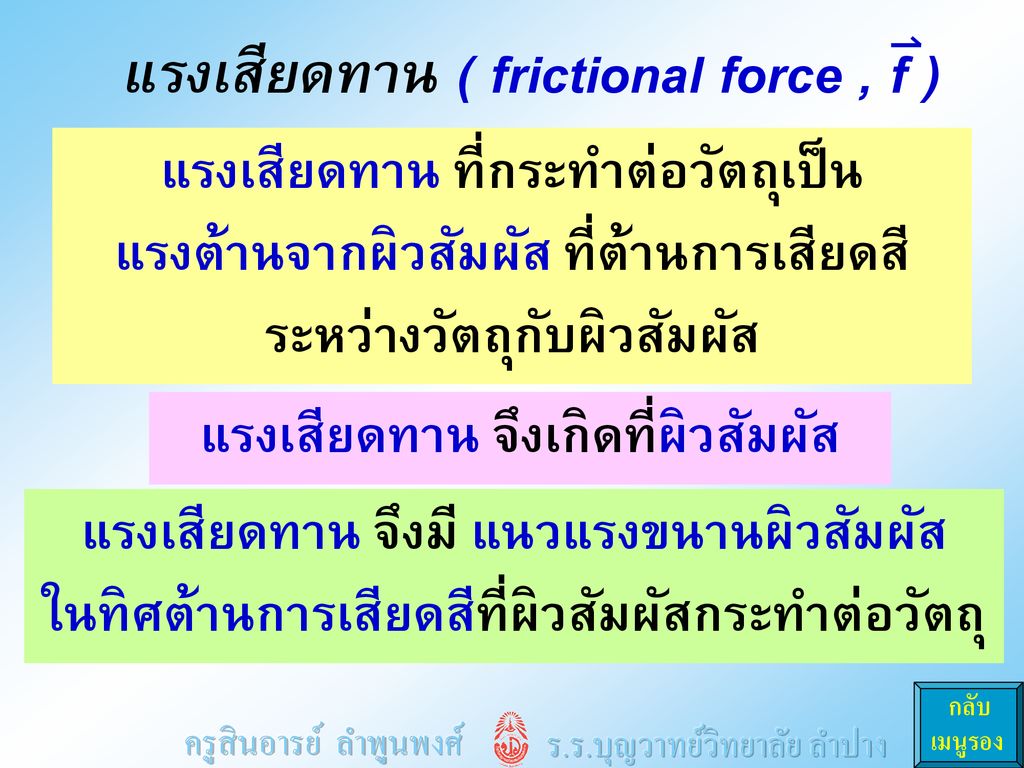 แรงเสียดทาน ( frictional force , f )