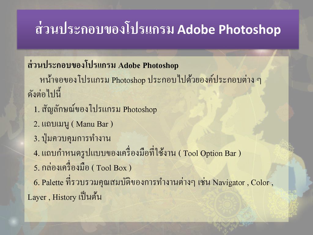 ส่วนประกอบของโปรแกรม Adobe Photoshop