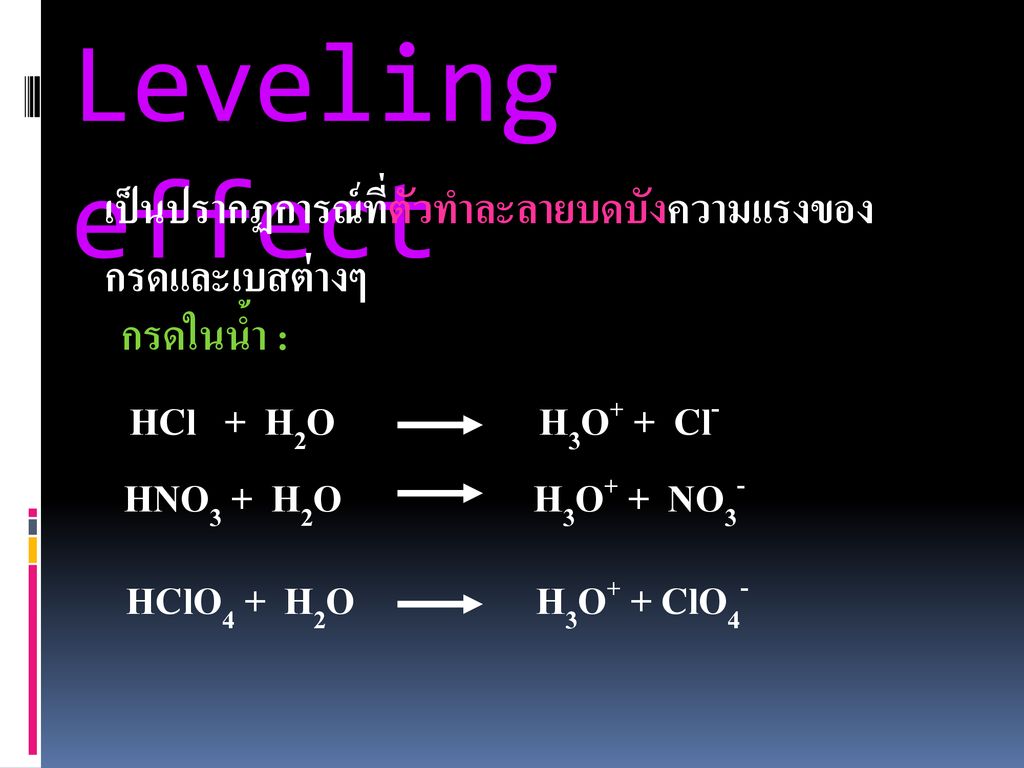 Leveling effect เป็นปรากฏการณ์ที่ตัวทำละลายบดบังความแรงของกรดและเบสต่างๆ. กรดในน้ำ : HCl + H2O H3O+ + Cl-