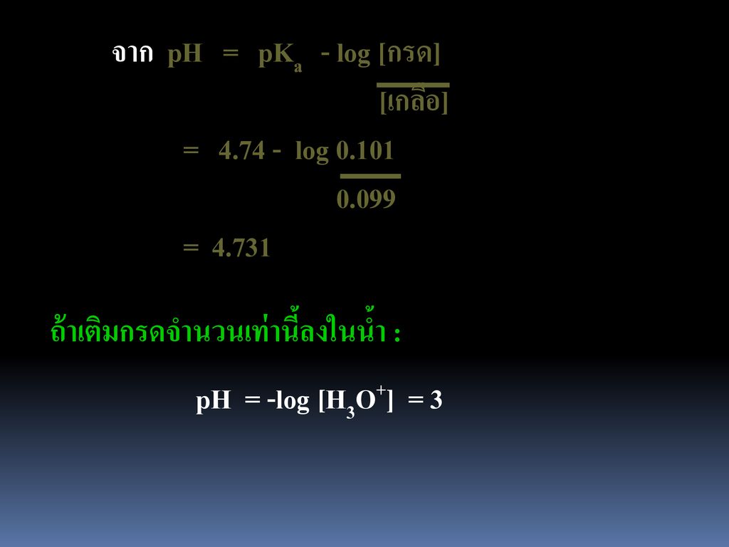 จาก pH = pKa - log [กรด] [เกลือ] = log = ถ้าเติมกรดจำนวนเท่านี้ลงในน้ำ :