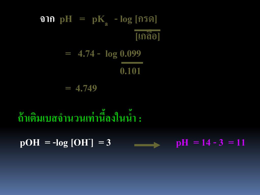 จาก pH = pKa - log [กรด] [เกลือ] = log = ถ้าเติมเบสจำนวนเท่านี้ลงในน้ำ :