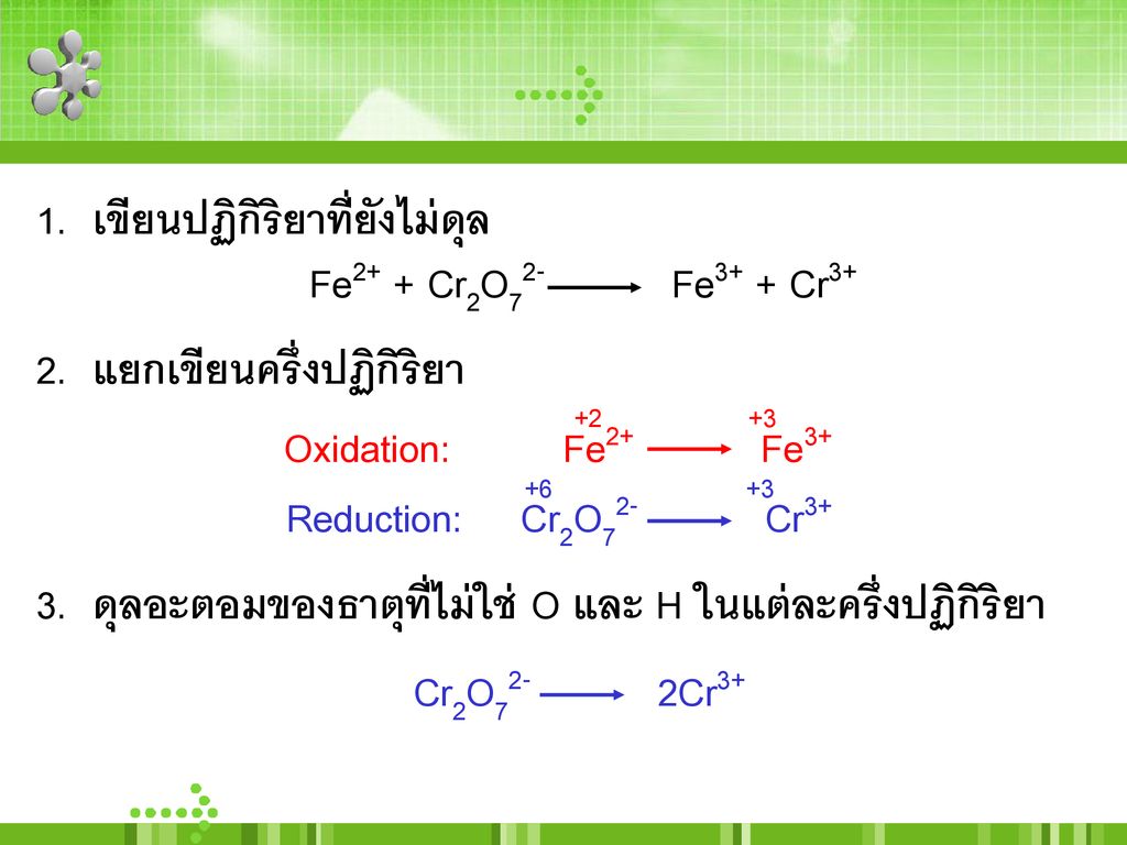 เขียนปฏิกิริยาที่ยังไม่ดุล Fe2+ + Cr2O72- Fe3+ + Cr3+