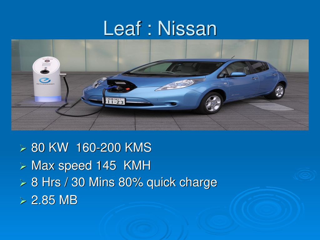 Leaf : Nissan 80 KW KMS Max speed 145 KMH