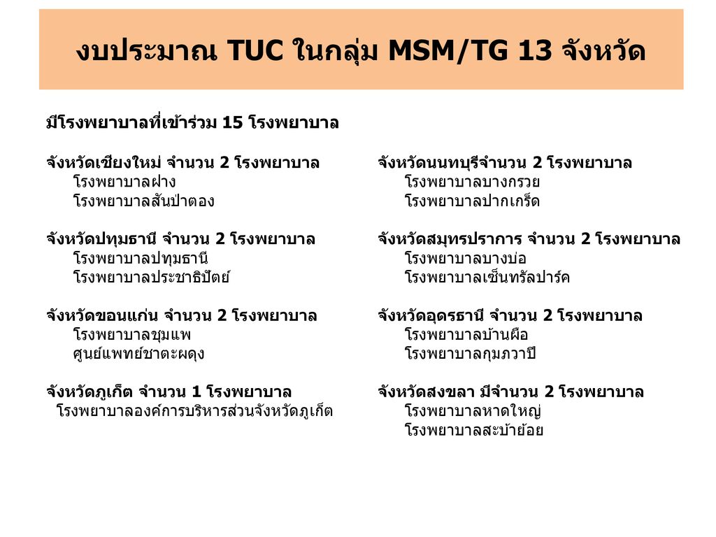 งบประมาณ TUC ในกลุ่ม MSM/TG 13 จังหวัด