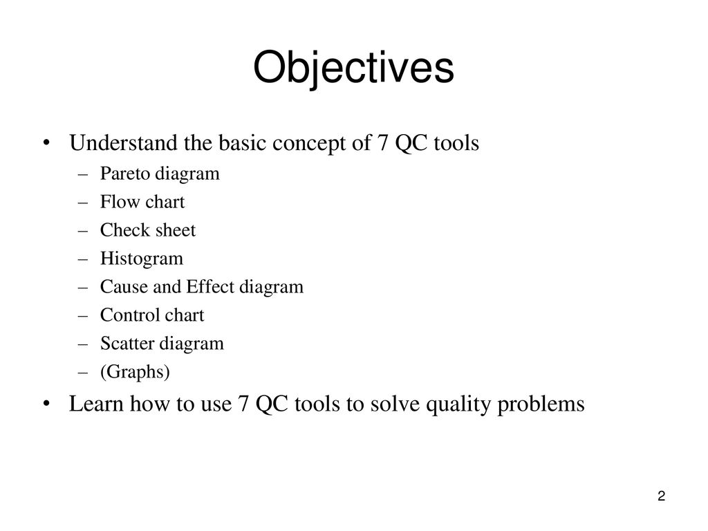 Objectives Understand the basic concept of 7 QC tools