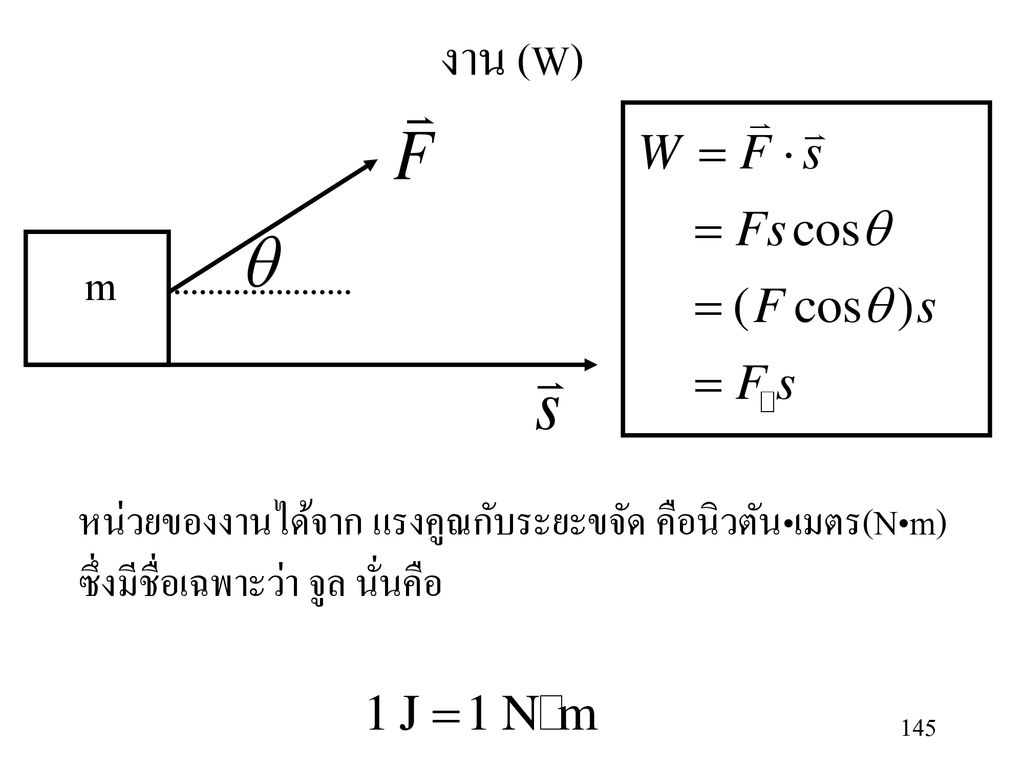 งาน (W) m หน่วยของงานได้จาก แรงคูณกับระยะขจัด คือนิวตัน•เมตร(N•m)