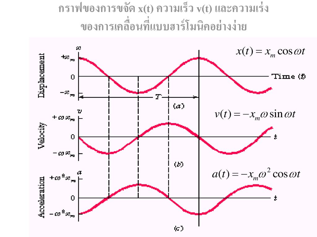 กราฟของการขจัด x(t) ความเร็ว v(t) และความเร่ง ของการเคลื่อนที่แบบฮาร์โมนิคอย่างง่าย