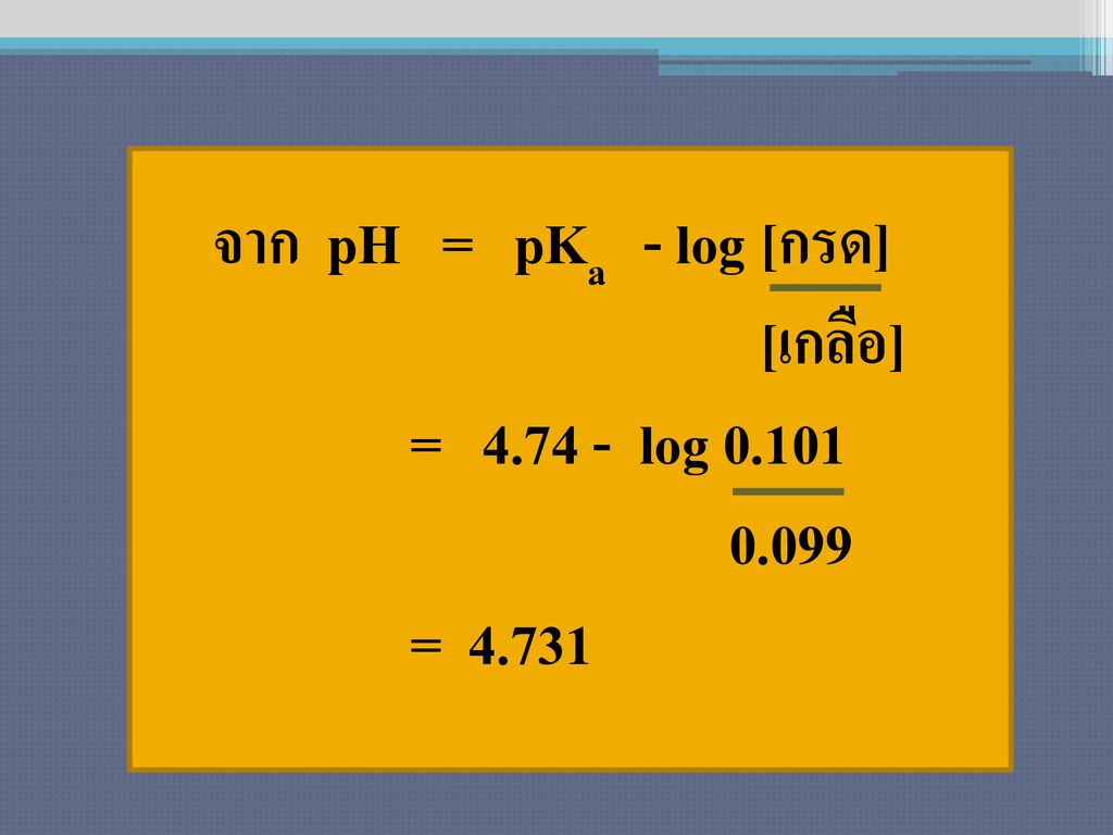 จาก pH = pKa - log [กรด] [เกลือ] = log = 4.731