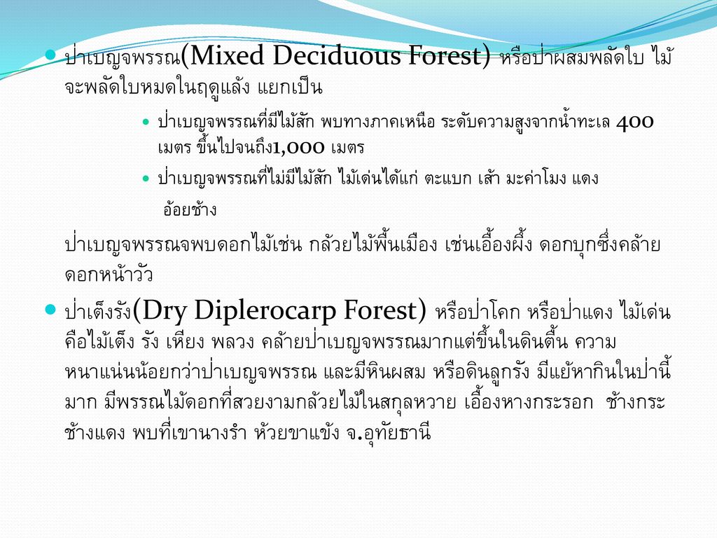 ป่าเบญจพรรณ(Mixed Deciduous Forest) หรือป่าผสมพลัดใบ ไม้จะพลัดใบหมดในฤดูแล้ง แยกเป็น