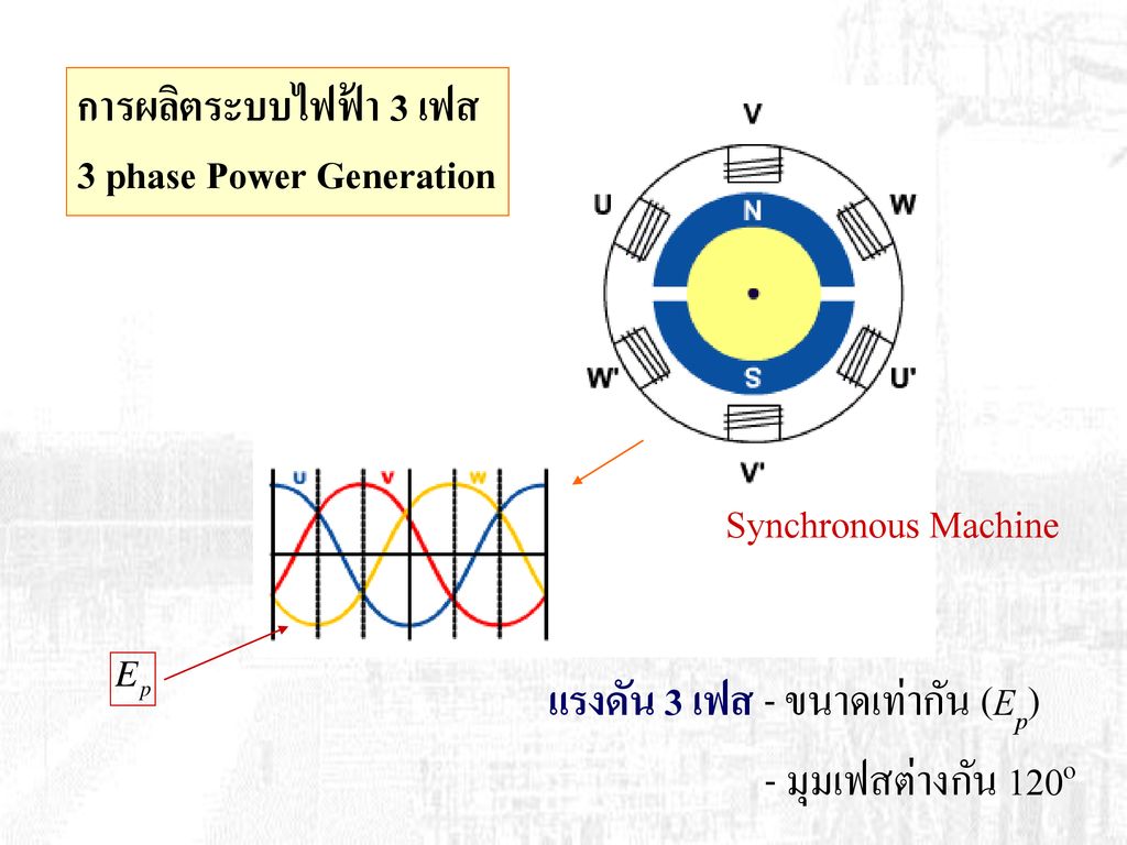 การผลิตระบบไฟฟ้า 3 เฟส 3 phase Power Generation. Synchronous Machine. แรงดัน 3 เฟส - ขนาดเท่ากัน (Ep)