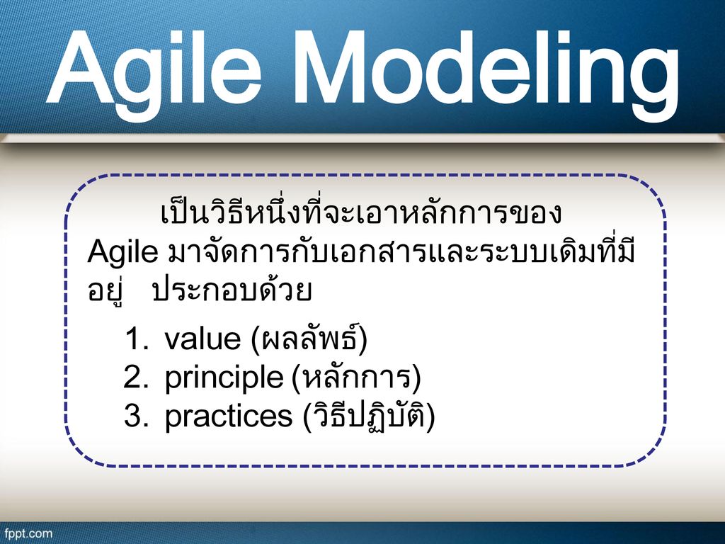 Agile Modeling เป็นวิธีหนึ่งที่จะเอาหลักการของ Agile มาจัดการกับเอกสารและระบบเดิมที่มีอยู่ ประกอบด้วย.