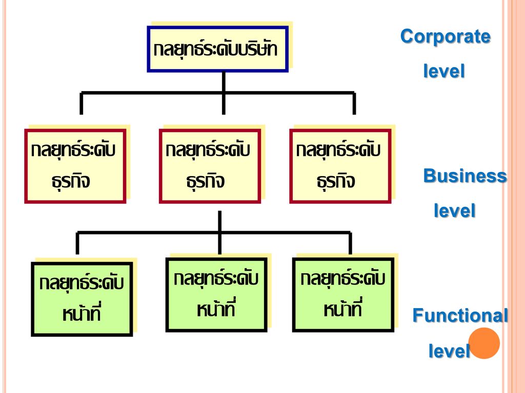 กลยุทธ์ระดับบริษัท กลยุทธ์ระดับ ธุรกิจ หน้าที่ Corporate level Business Functional