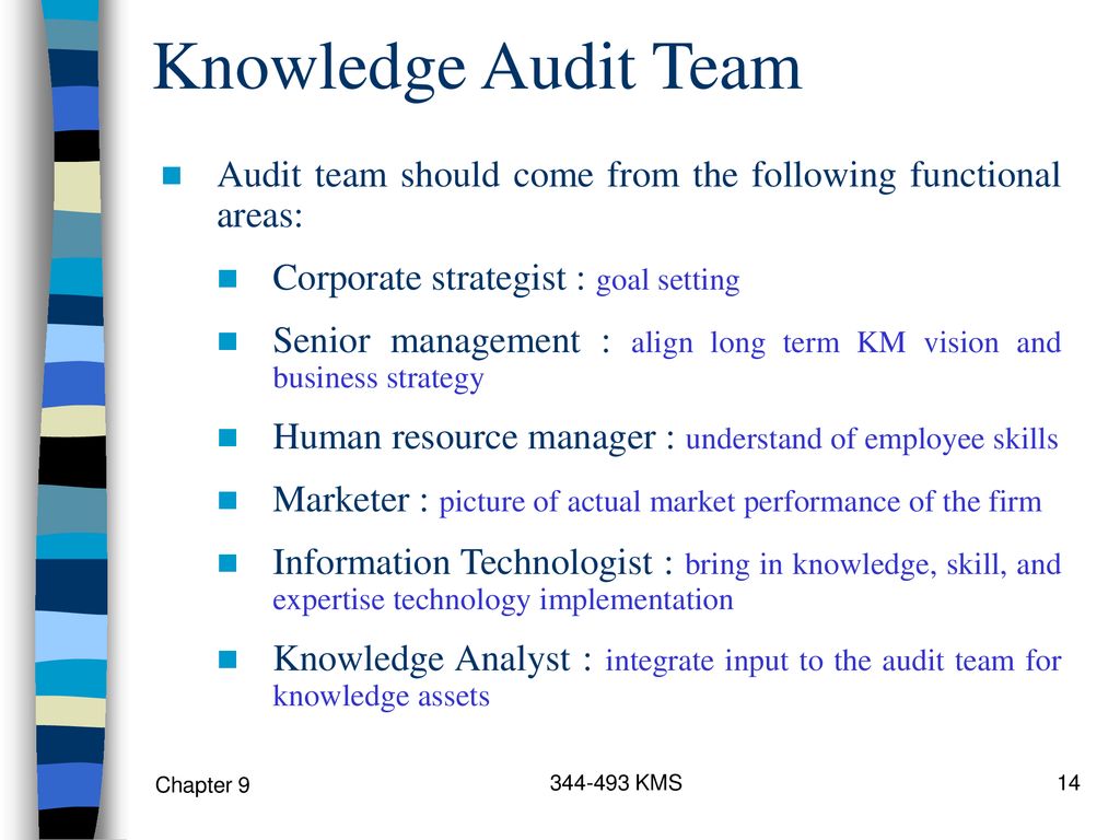 Knowledge Audit Team Audit team should come from the following functional areas: Corporate strategist : goal setting.