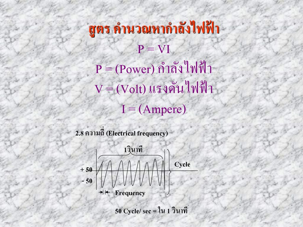 สูตร คำนวณหากำลังไฟฟ้า P = VI P = (Power) กำลังไฟฟ้า V = (Volt) แรงดันไฟฟ้า I = (Ampere)