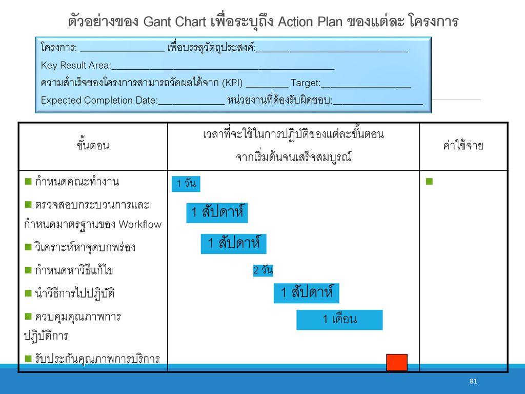 ตัวอย่างของ Gant Chart เพื่อระบุถึง Action Plan ของแต่ละ โครงการ