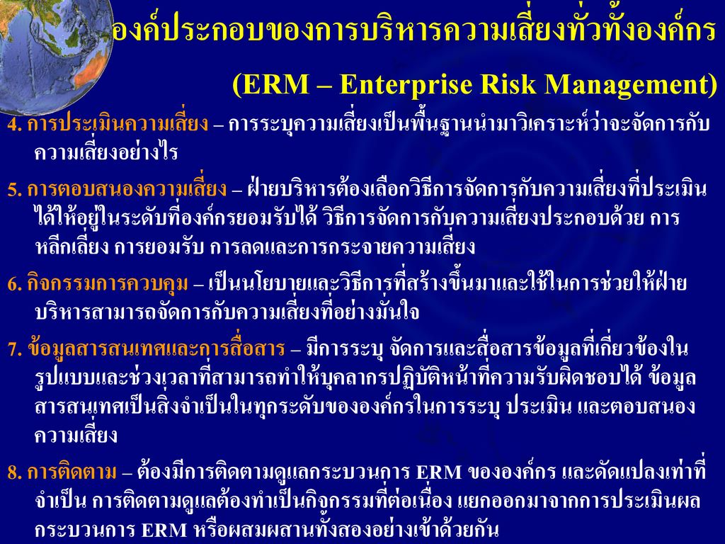 องค์ประกอบของการบริหารความเสี่ยงทั่วทั้งองค์กร (ERM – Enterprise Risk Management)
