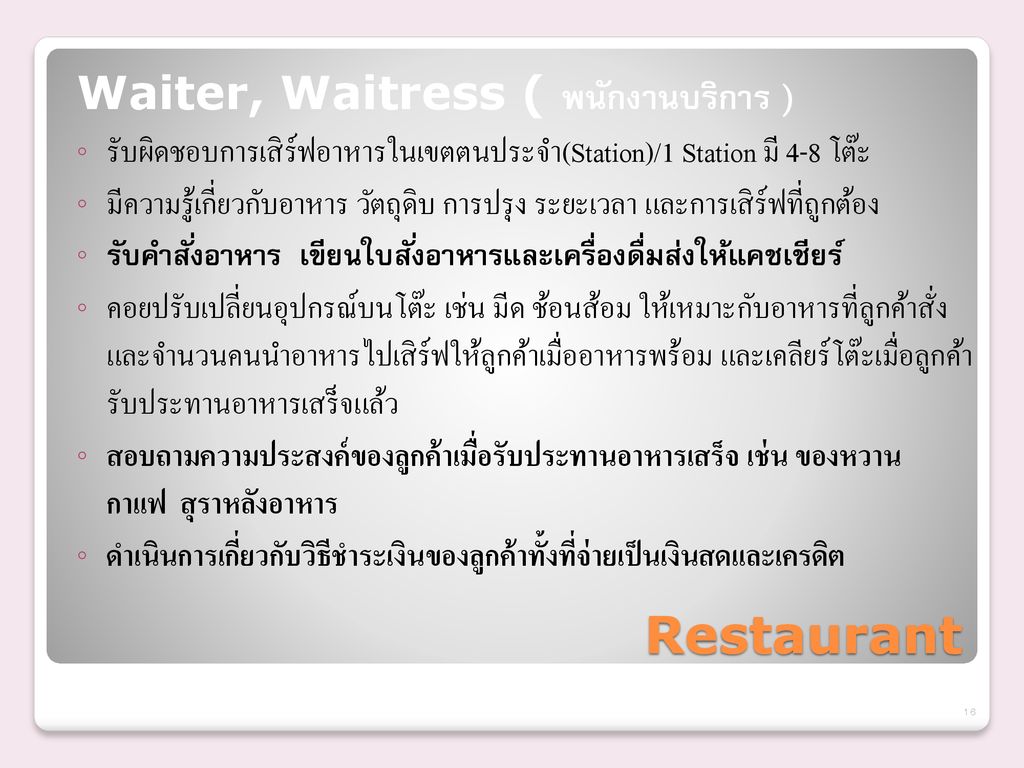 Restaurant Waiter, Waitress ( พนักงานบริการ )