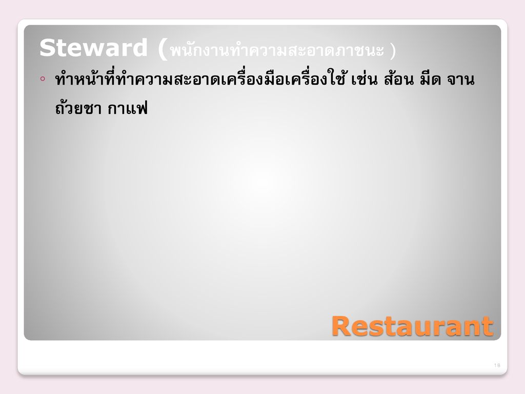 Restaurant Steward (พนักงานทำความสะอาดภาชนะ )