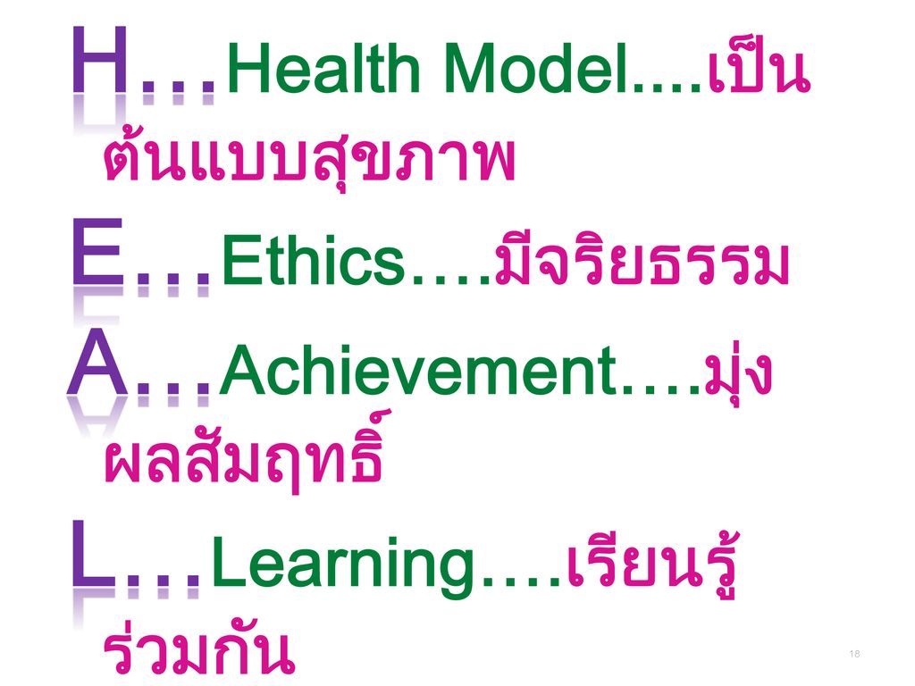 H…Health Model. เป็นต้นแบบสุขภาพ E…Ethics…. มีจริยธรรม A…Achievement…