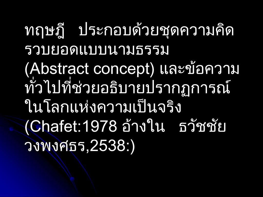 ทฤษฎี ประกอบด้วยชุดความคิดรวบยอดแบบนามธรรม (Abstract concept) และข้อความทั่วไปที่ช่วยอธิบายปรากฏการณ์ในโลกแห่งความเป็นจริง(Chafet:1978 อ้างใน ธวัชชัย วงพงศธร,2538:)