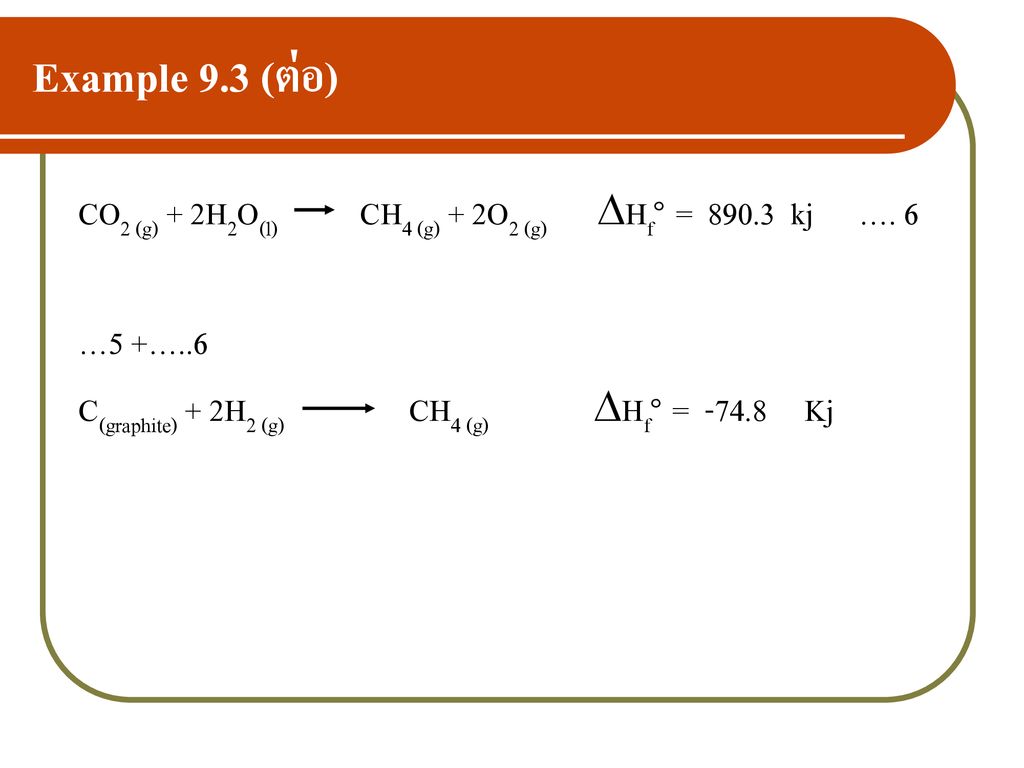 Example 9.3 (ต่อ) CO2 (g) + 2H2O(l) CH4 (g) + 2O2 (g) Hf๐ = kj …. 6.