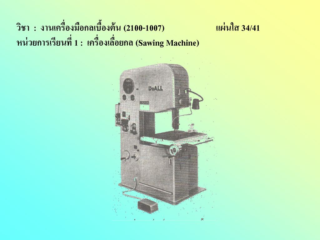 วิชา : งานเครื่องมือกลเบื้องต้น ( ) แผ่นใส 34/41 หน่วยการเรียนที่ 1 : เครื่องเลื่อยกล (Sawing Machine)