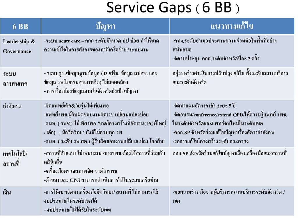 Service Gaps ( 6 BB ) 6 BB ปัญหา แนวทางแก้ไข Leadership & Governance