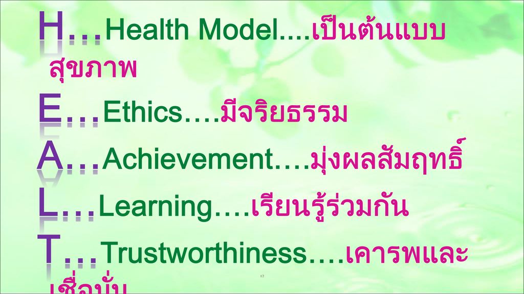 H…Health Model. เป็นต้นแบบสุขภาพ E…Ethics…. มีจริยธรรม A…Achievement…