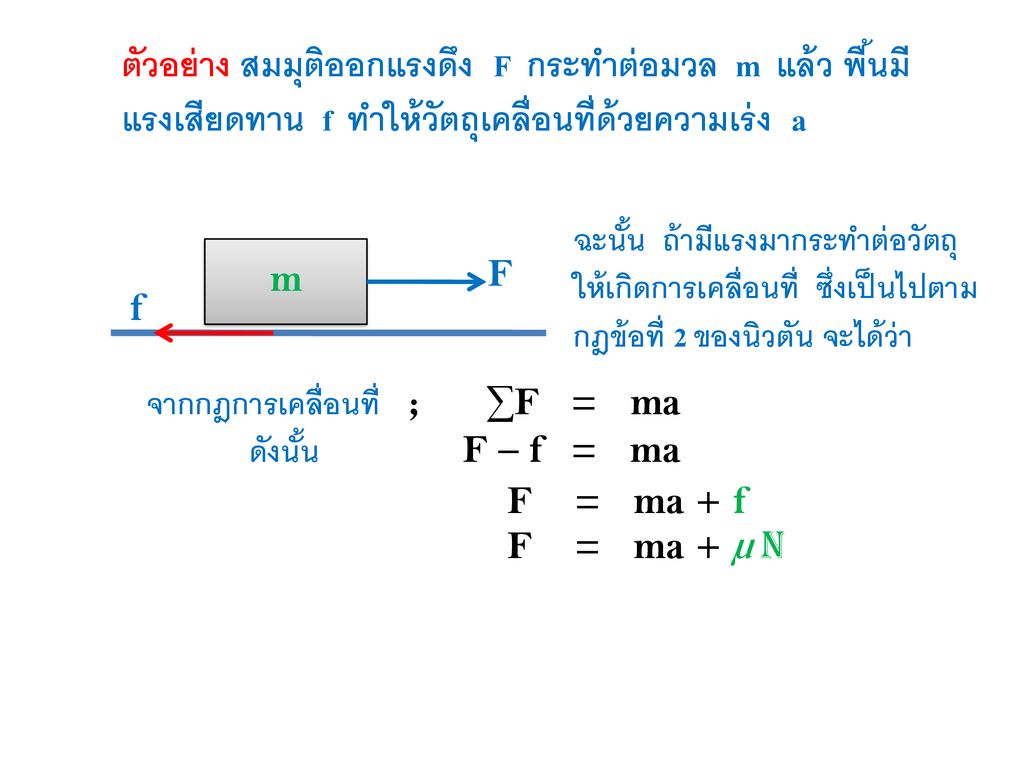 ตัวอย่าง สมมุติออกแรงดึง F กระทำต่อมวล m แล้ว พื้นมีแรงเสียดทาน f ทำให้วัตถุเคลื่อนที่ด้วยความเร่ง a