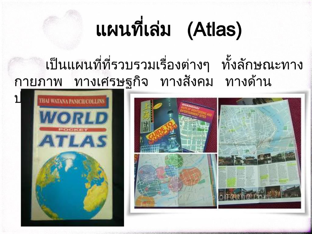 แผนที่เล่ม (Atlas) เป็นแผนที่ที่รวบรวมเรื่องต่างๆ ทั้งลักษณะทางกายภาพ ทางเศรษฐกิจ ทางสังคม ทางด้านประชากร และอื่นๆไว้ในเล่มเดียวกัน.