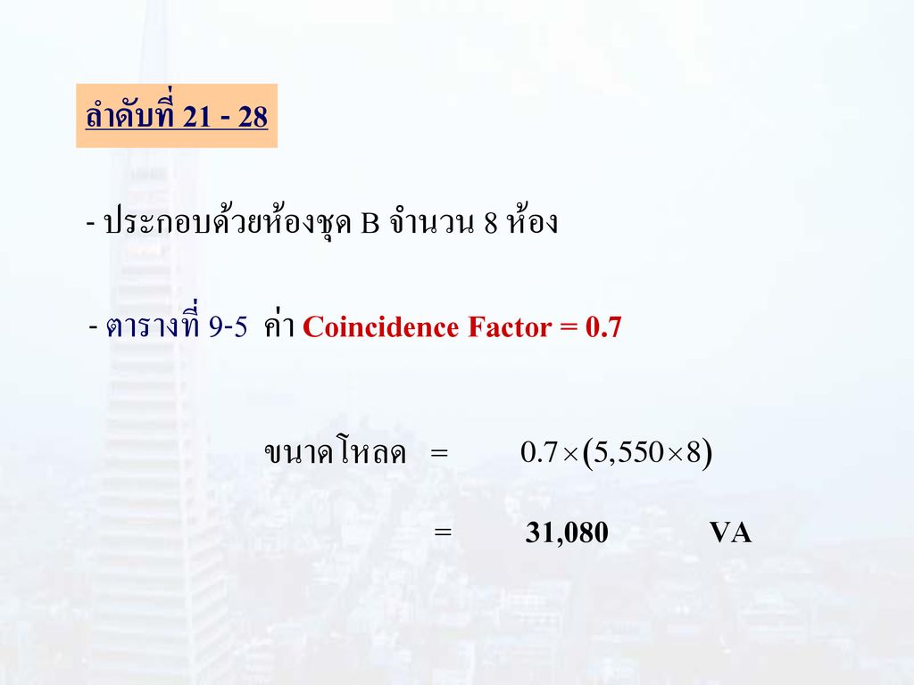 ลำดับที่ ประกอบด้วยห้องชุด B จำนวน 8 ห้อง. - ตารางที่ 9-5 ค่า Coincidence Factor = 0.7.