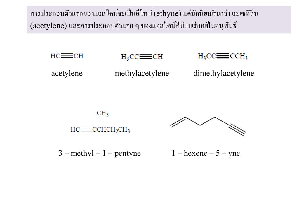 สารประกอบตัวแรกของแอลไคน์จะเป็นอีไทน์ (ethyne) แต่มักนิยมเรียกว่า อะเซทิลีน (acetylene) และสารประกอบตัวแรก ๆ ของแอลไคน์ก็นิยมเรียกเป็นอนุพันธ์