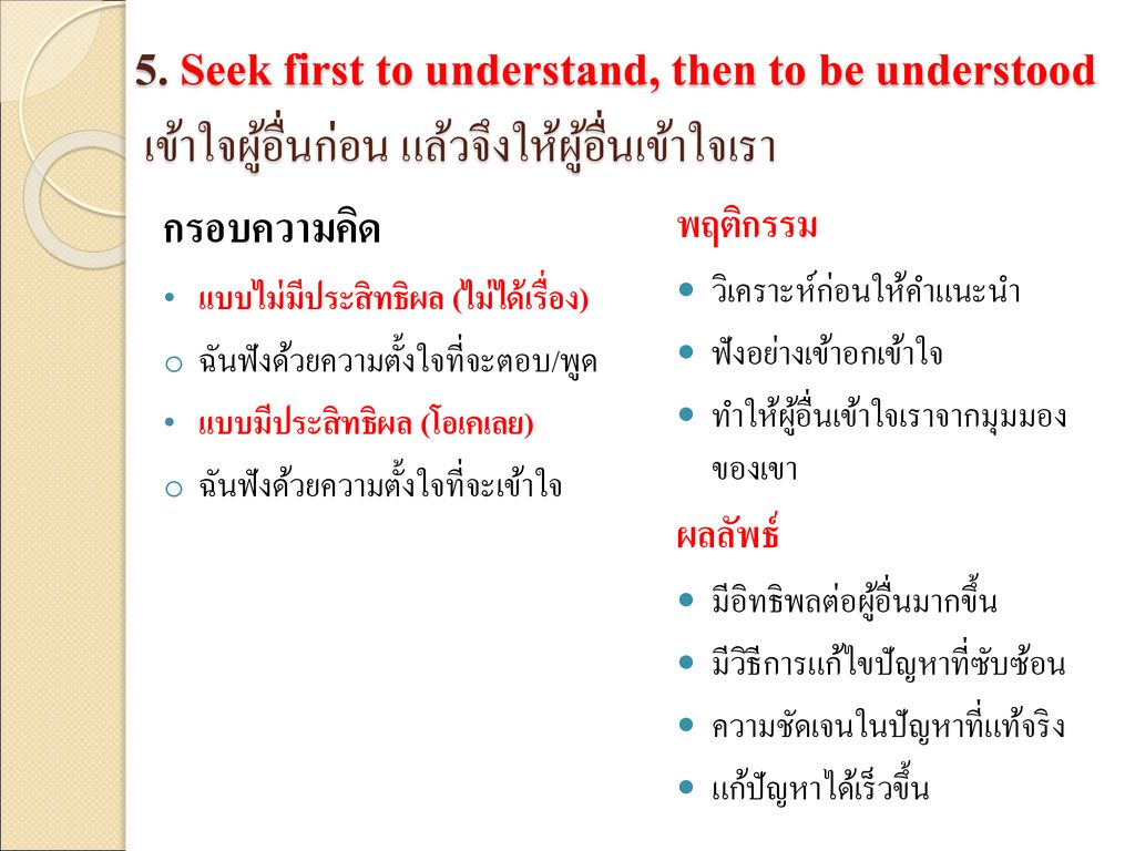5. Seek first to understand, then to be understood เข้าใจผู้อื่นก่อน แล้วจึงให้ผู้อื่นเข้าใจเรา