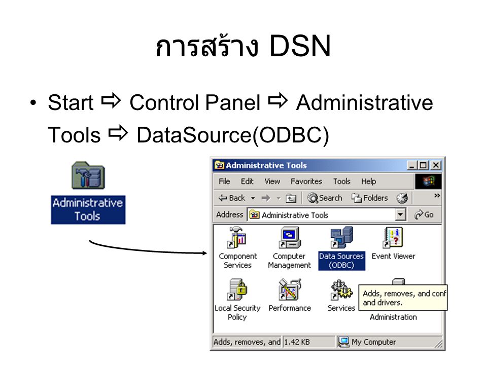 การสร้าง DSN Start  Control Panel  Administrative Tools  DataSource(ODBC)