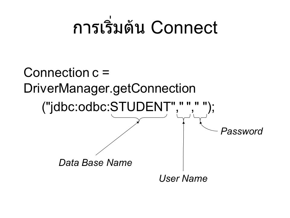 การเริ่มต้น Connect Connection c = DriverManager.getConnection