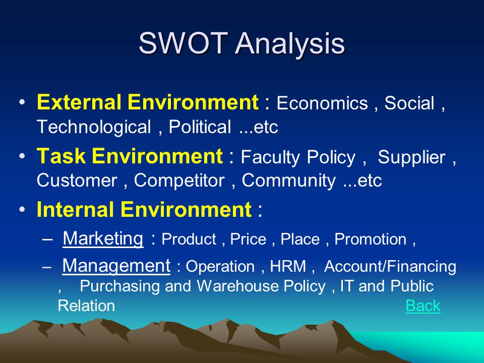 SWOT Analysis External Environment : Economics , Social , Technological , Political ...etc.