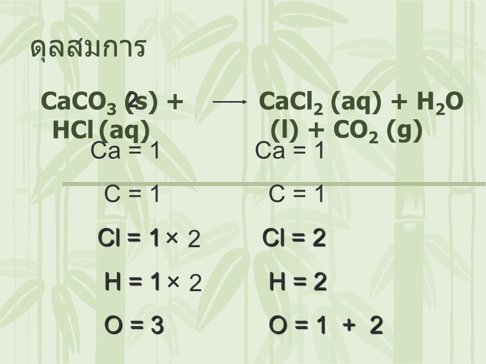 ดุลสมการ × 2 × 2 CaCO3 (s) + HCl (aq) CaCl2 (aq) + H2O (l) + CO2 (g)