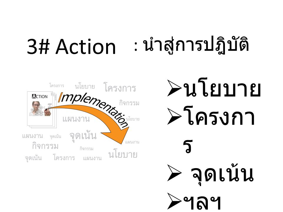 3# Action : นำสู่การปฎิบัติ นโยบาย โครงการ จุดเน้น ฯลฯ
