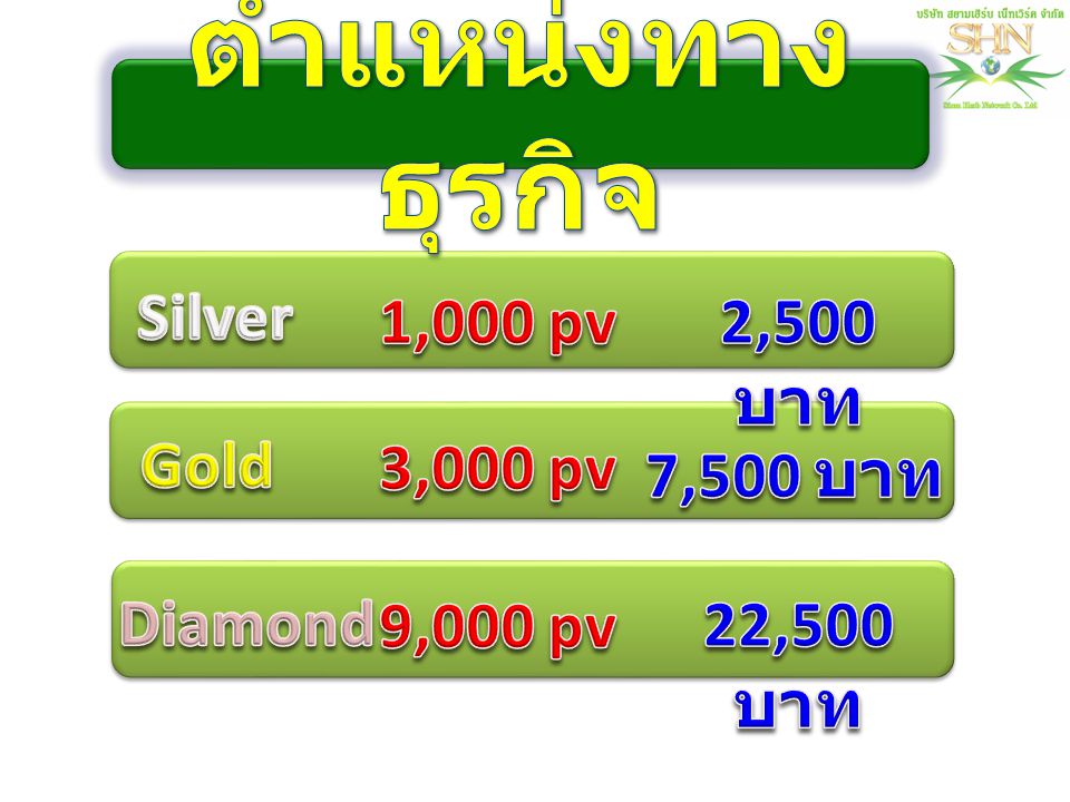 ตำแหน่งทางธุรกิจ Silver 1,000 pv 2,500 บาท Gold 3,000 pv 7,500 บาท