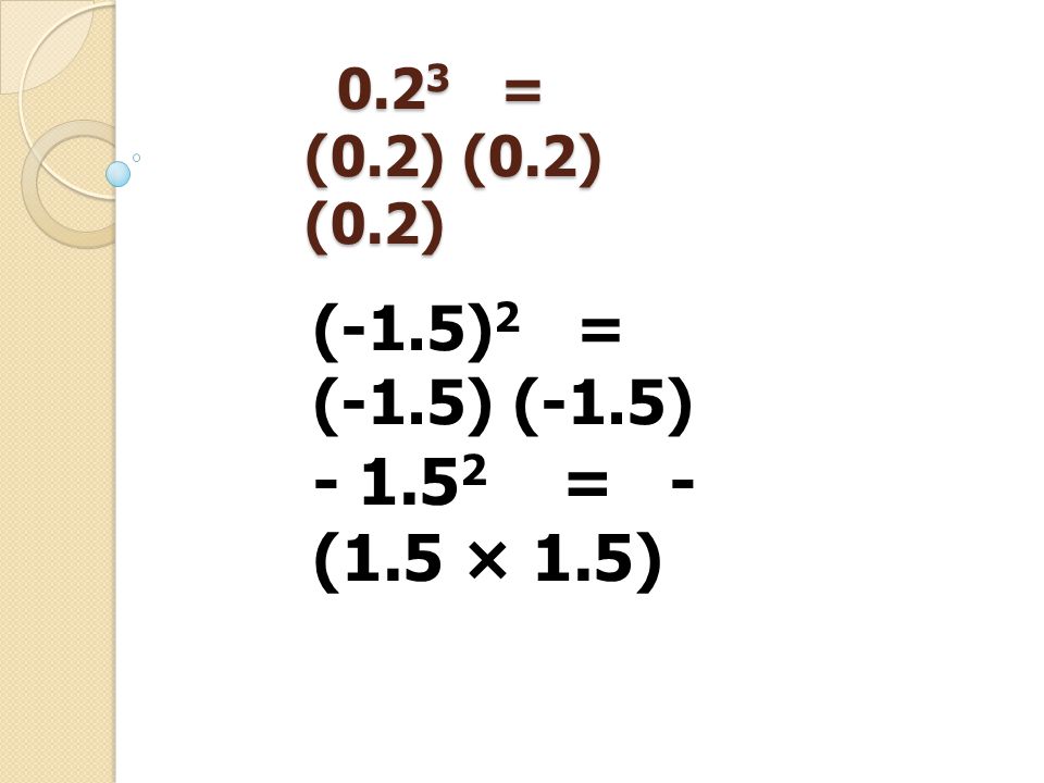 0.23 = (0.2) (0.2) (0.2) (-1.5)2 = (-1.5) (-1.5) = - (1.5 × 1.5)