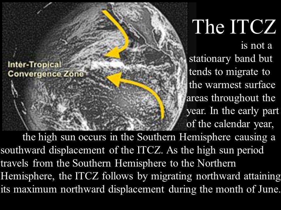 The ITCZ is not a. stationary band but. tends to migrate to. the warmest surface. areas throughout the.