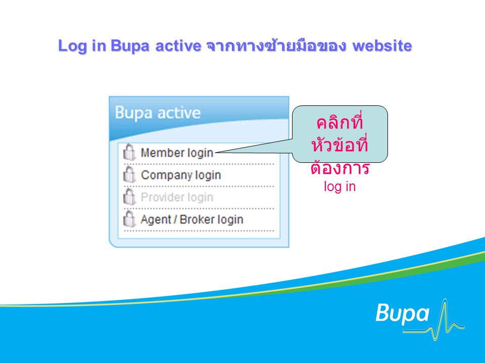 Log in Bupa active จากทางซ้ายมือของ website
