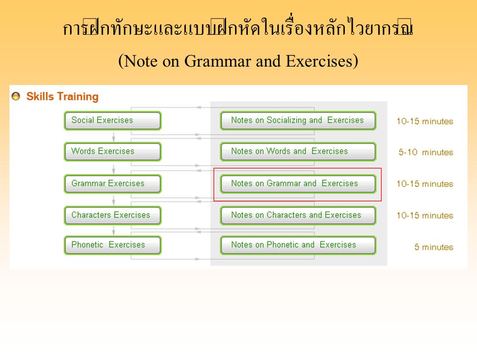 การฝึกทักษะและแบบฝึกหัดในเรื่องหลักไวยากรณ์ (Note on Grammar and Exercises)