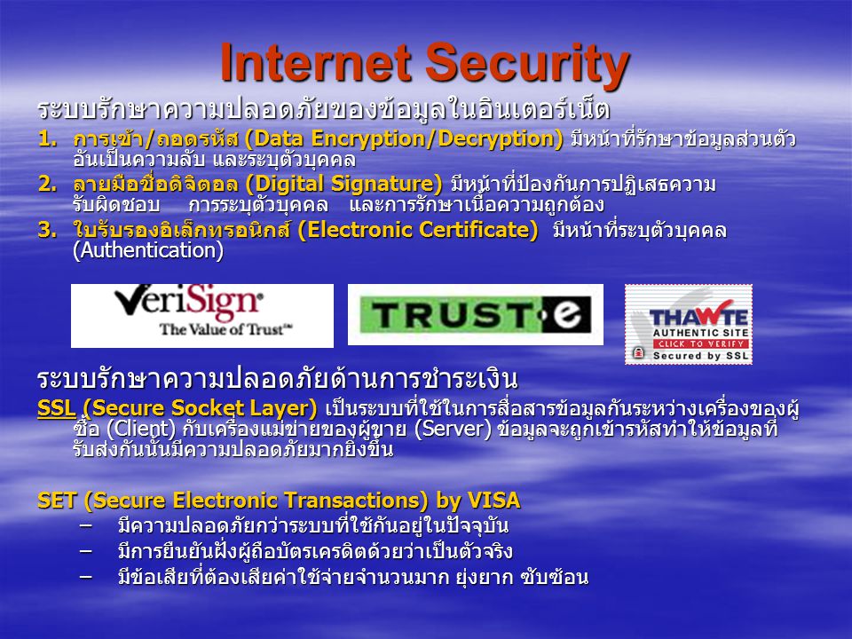 Internet Security ระบบรักษาความปลอดภัยของข้อมูลในอินเตอร์เน็ต