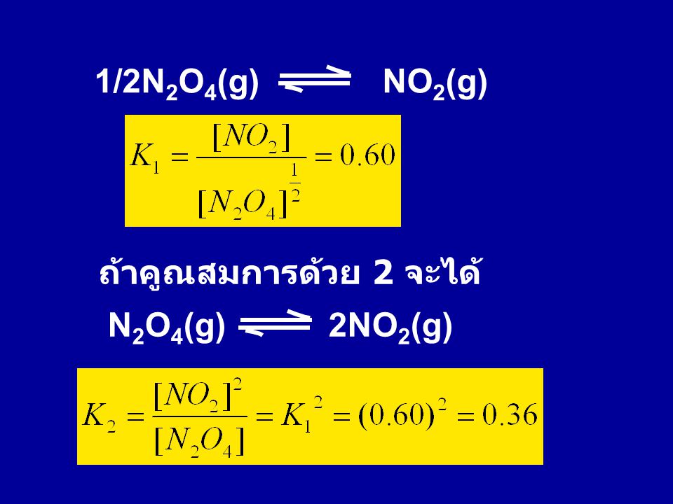 1/2N2O4(g) NO2(g) ถ้าคูณสมการด้วย 2 จะได้ N2O4(g) 2NO2(g)
