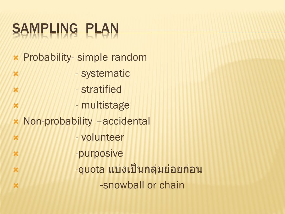 Sampling Plan Probability- simple random - systematic - stratified