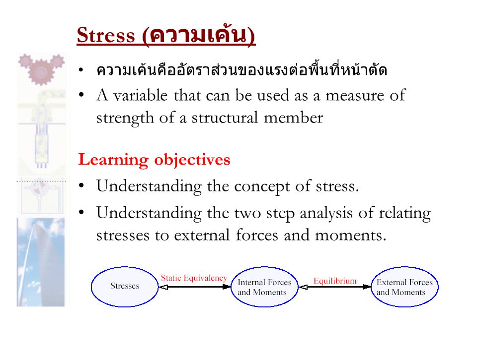 Stress (ความเค้น) ความเค้นคืออัตราส่วนของแรงต่อพื้นที่หน้าตัด. A variable that can be used as a measure of strength of a structural member.